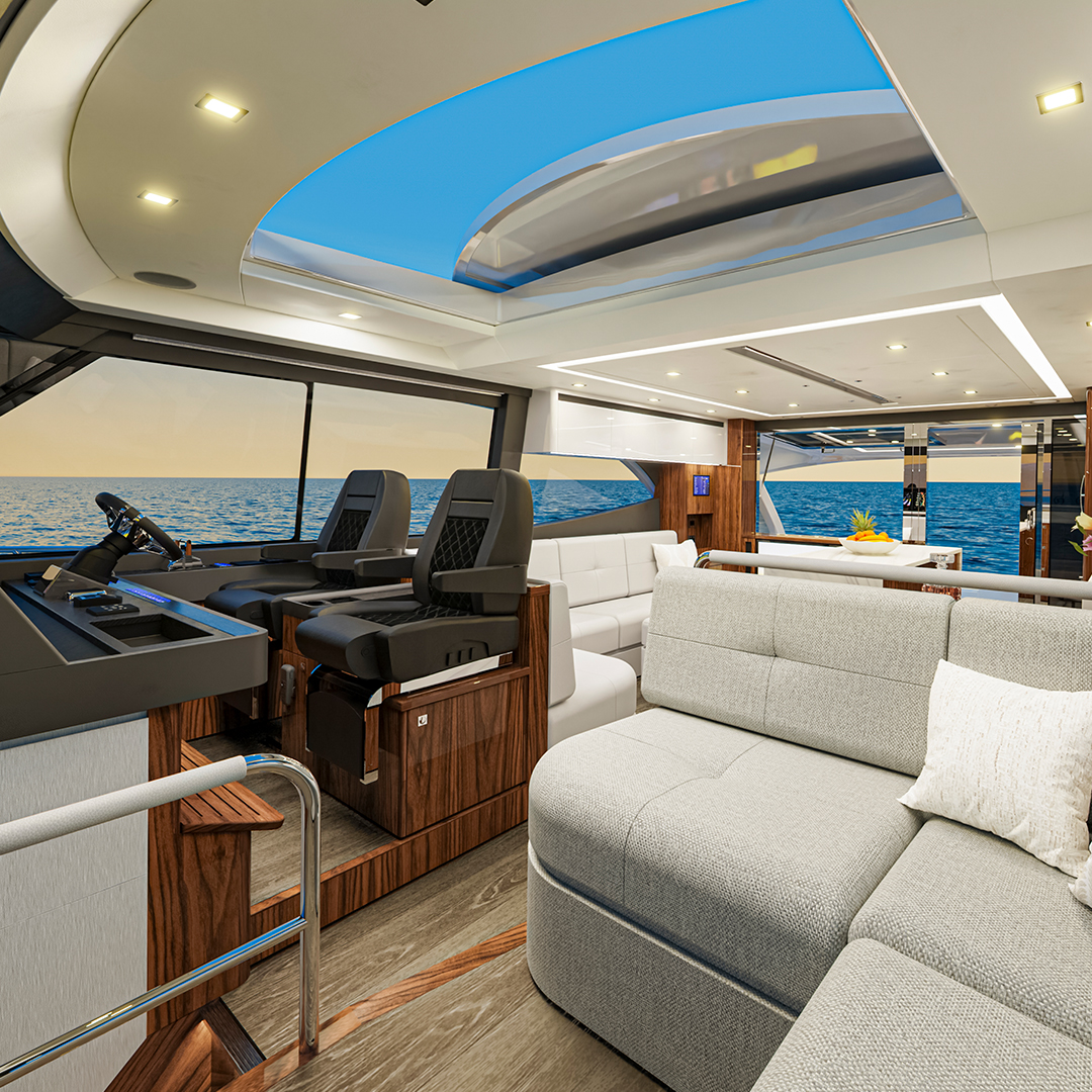 Puesto de mando y vista parcial del salón del Riviera 645 SUV Series II