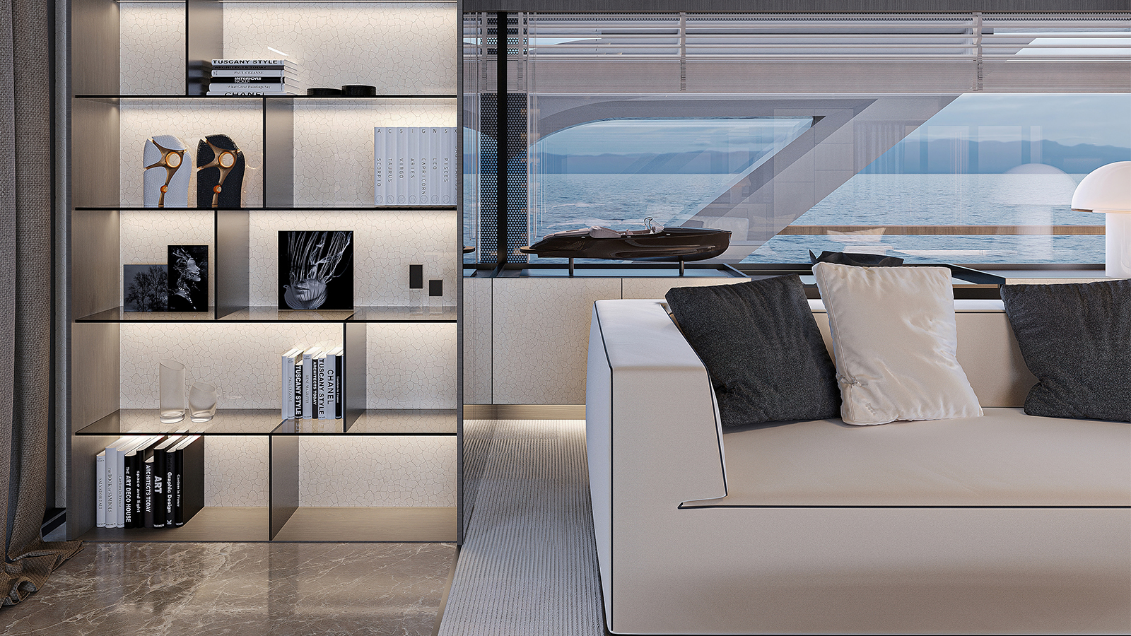 Tankoa Stardust acceso al salón con estantería decorativa