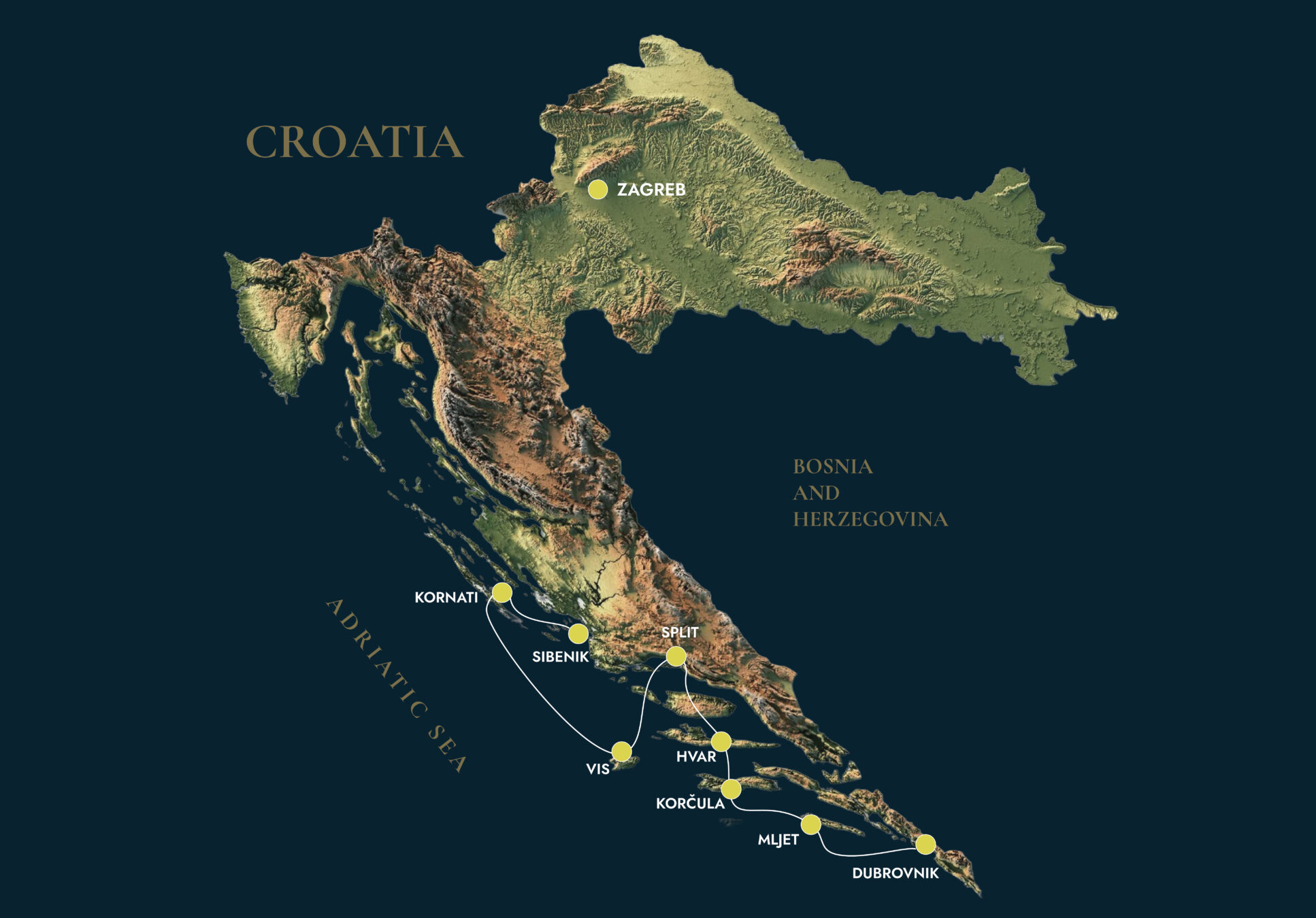 Map of the Croatian coast marking the charter route from Šibenik south to Dubrovnik
