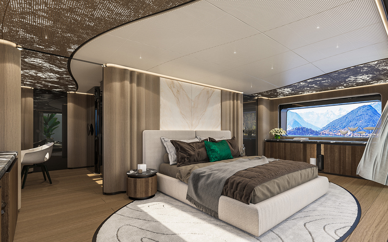 Sirena 42M master suite con ventanal al mar