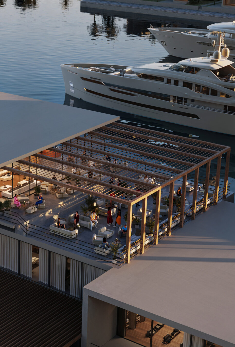 Aerial rendering of a terrace lounge at Port Nimara