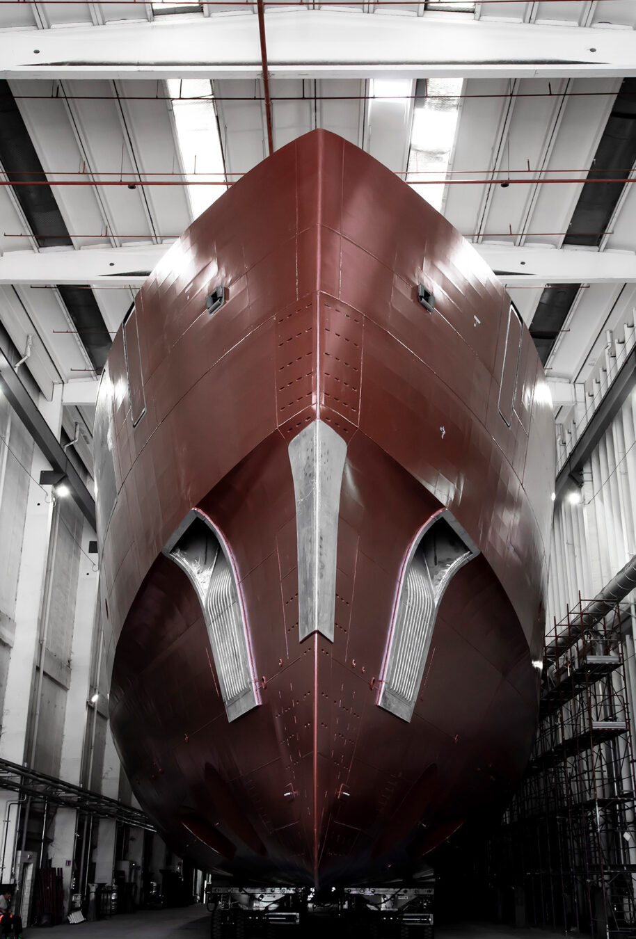 Low angle view of the FB291 plumb bow, photographed from the shipyard floor
