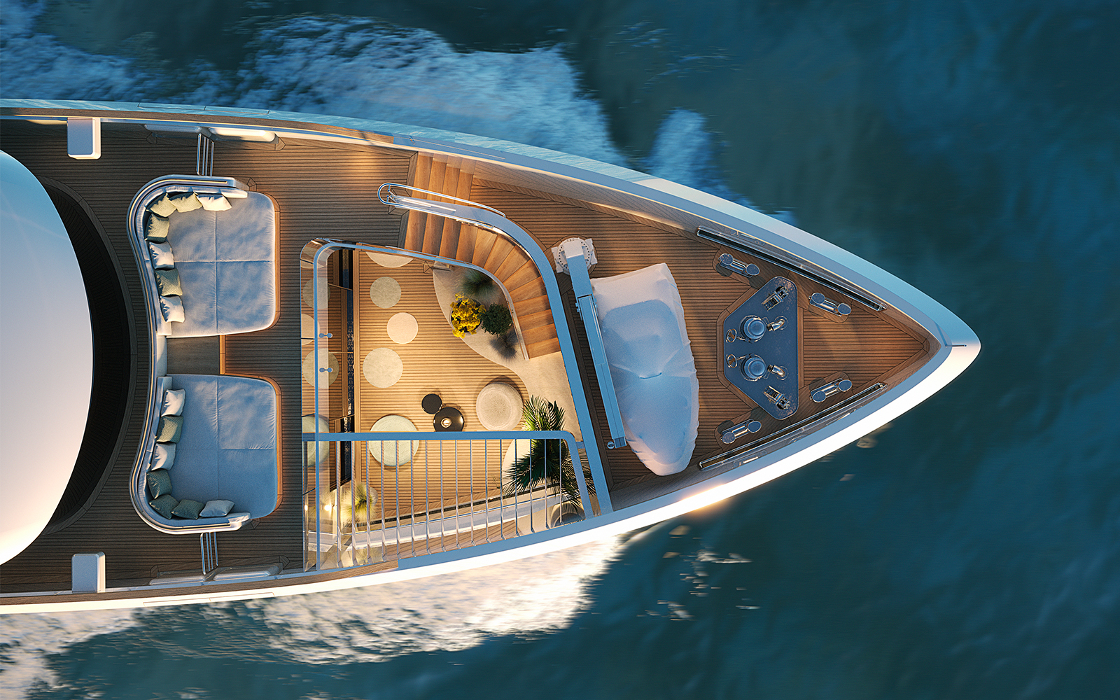 Sirena 42M proa vista desde arriba con escaleras escultóricas