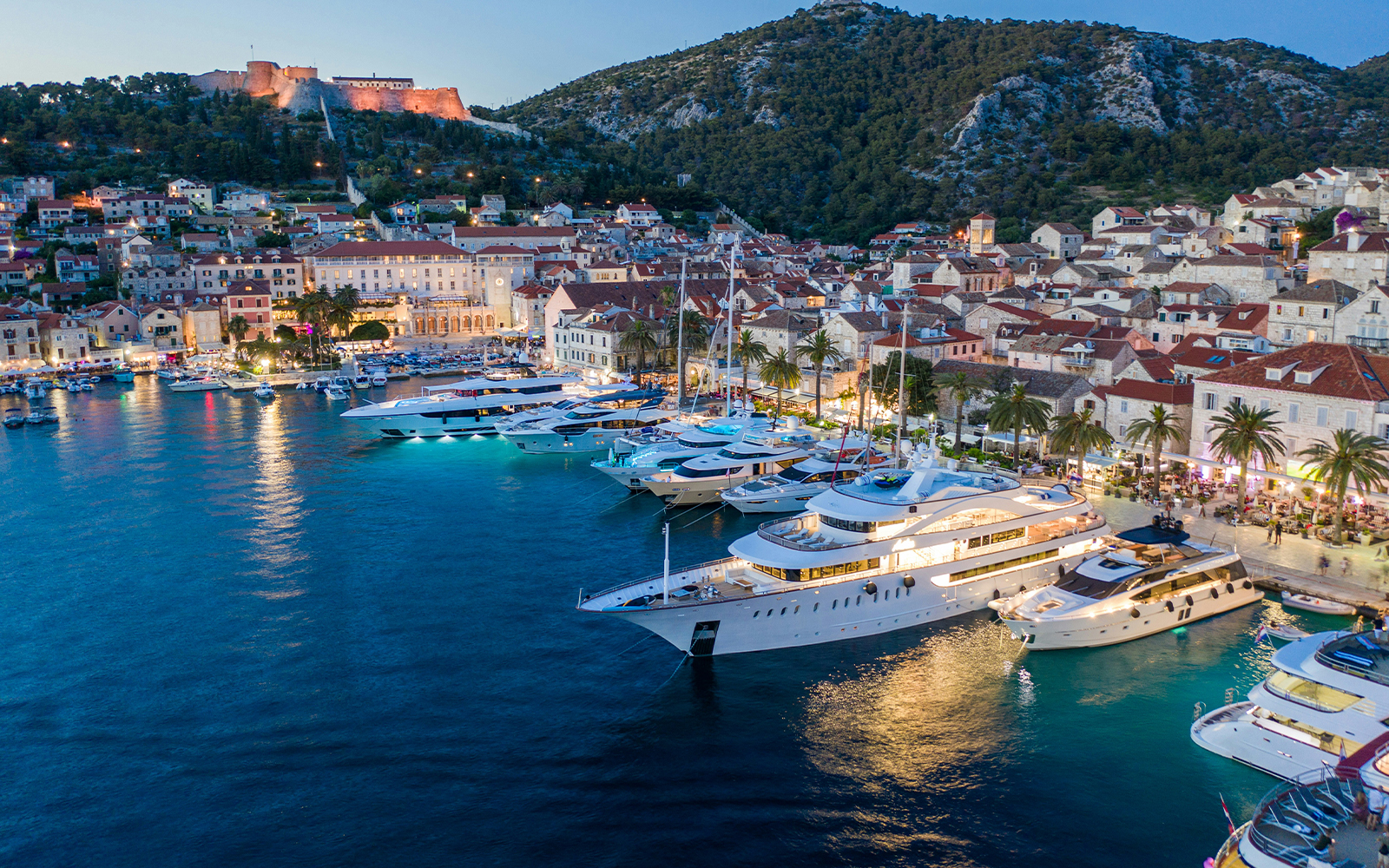 Aerial view of Hvar harbour with yachts