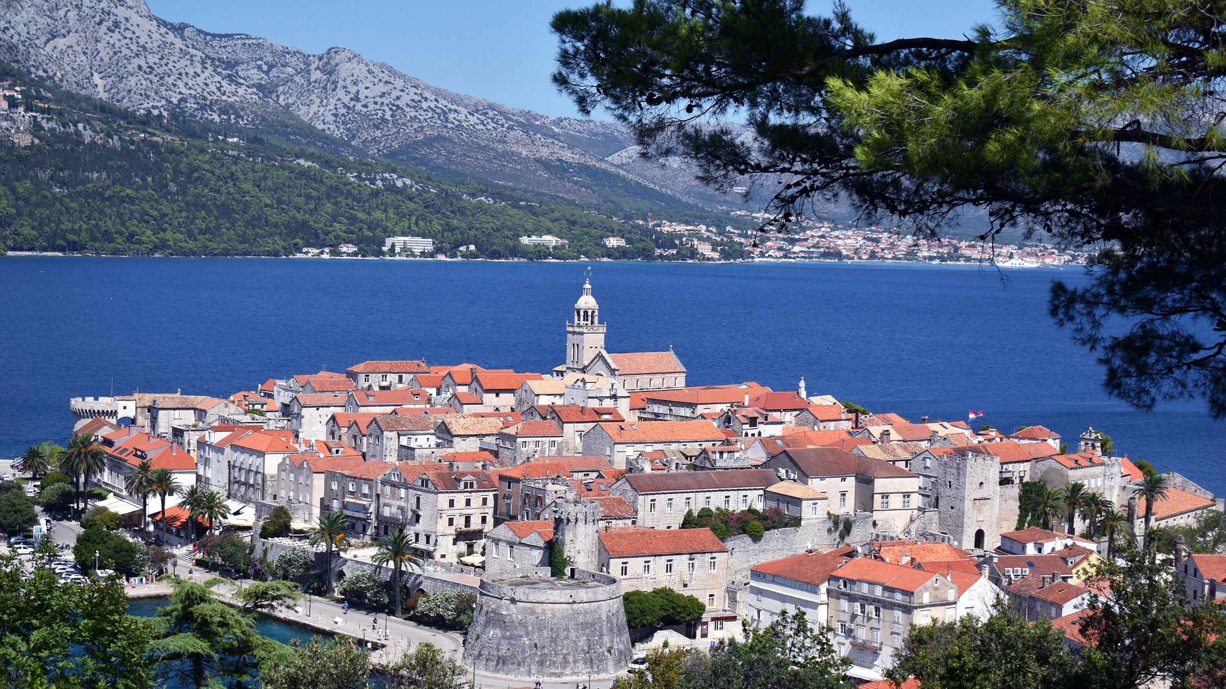 The walled town of Korčula seen from a nearby hill