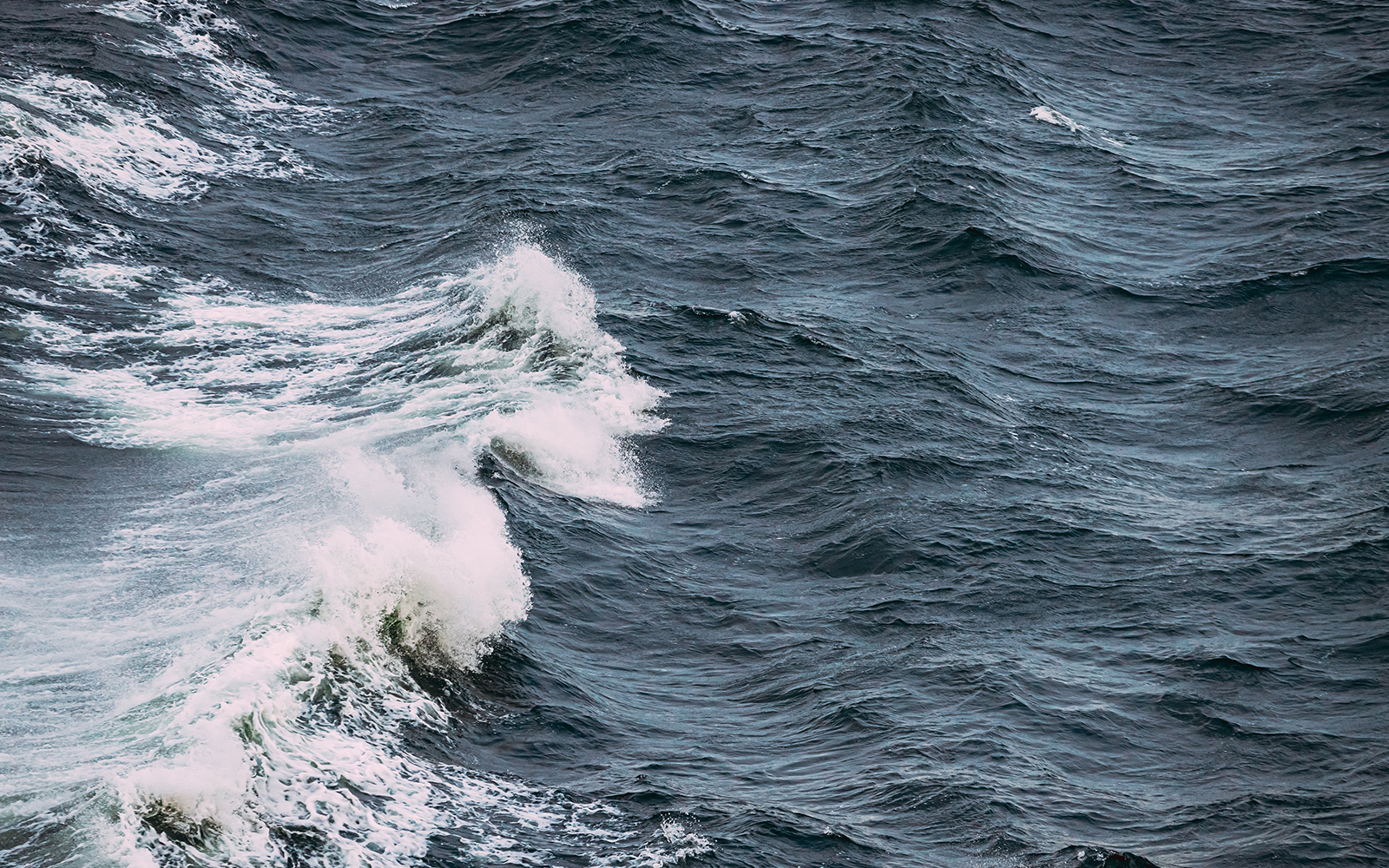 Vista de dron de olas que crecen con espuma en mar abierto