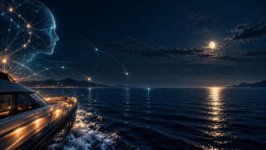 1 2400 X 1350 HERO Vista de la proa de un yate navegando de noche y sobre la proa se dibuja un rostro tecno con interaccion hacia el horizonte sombolizando un copiloto digital