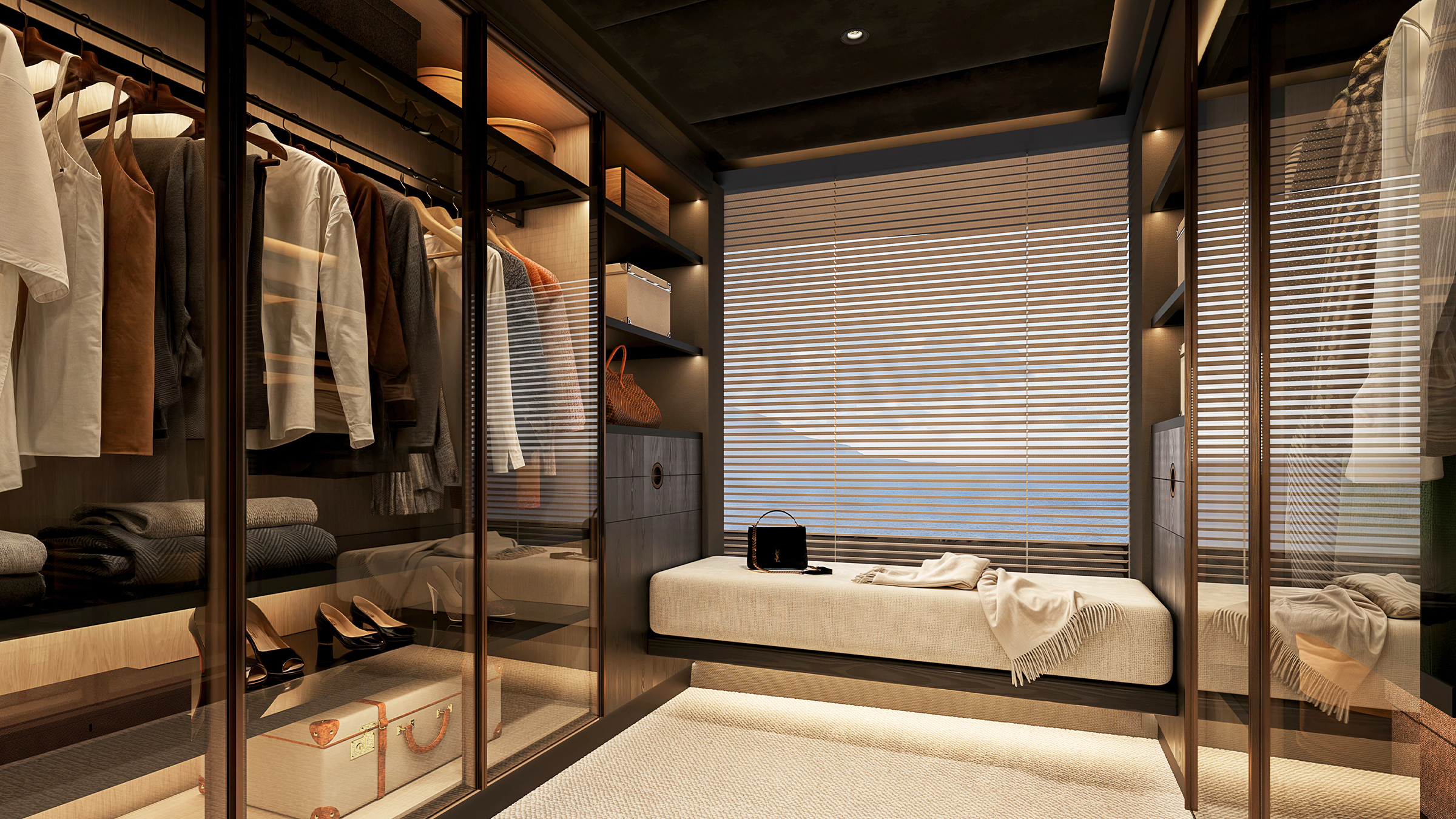 Render del vestidor de la suite del armador del 65M Sunreef Explorer