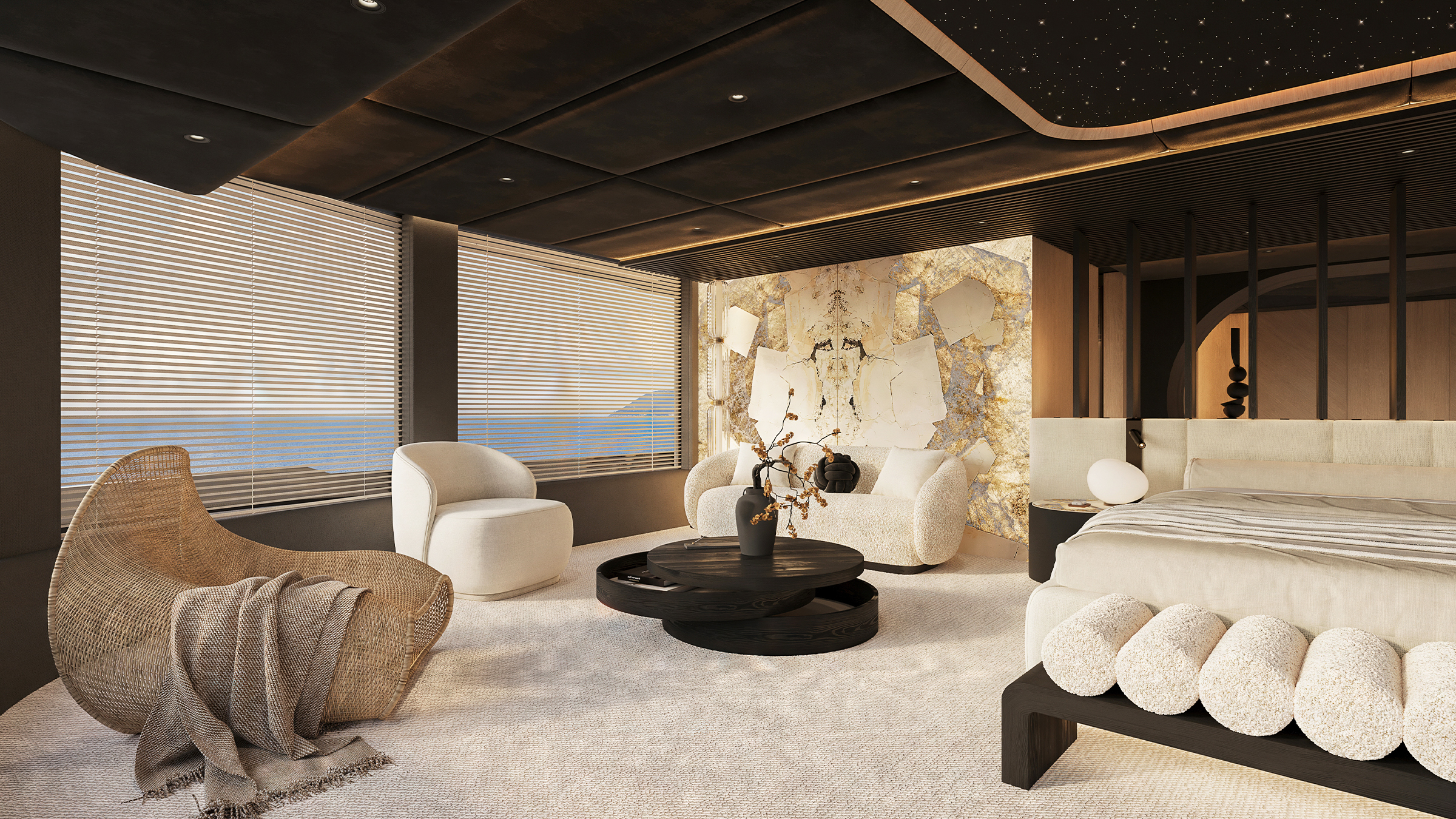 Render del lounge integrado en la suite del armador del 65M Sunreef Explorer