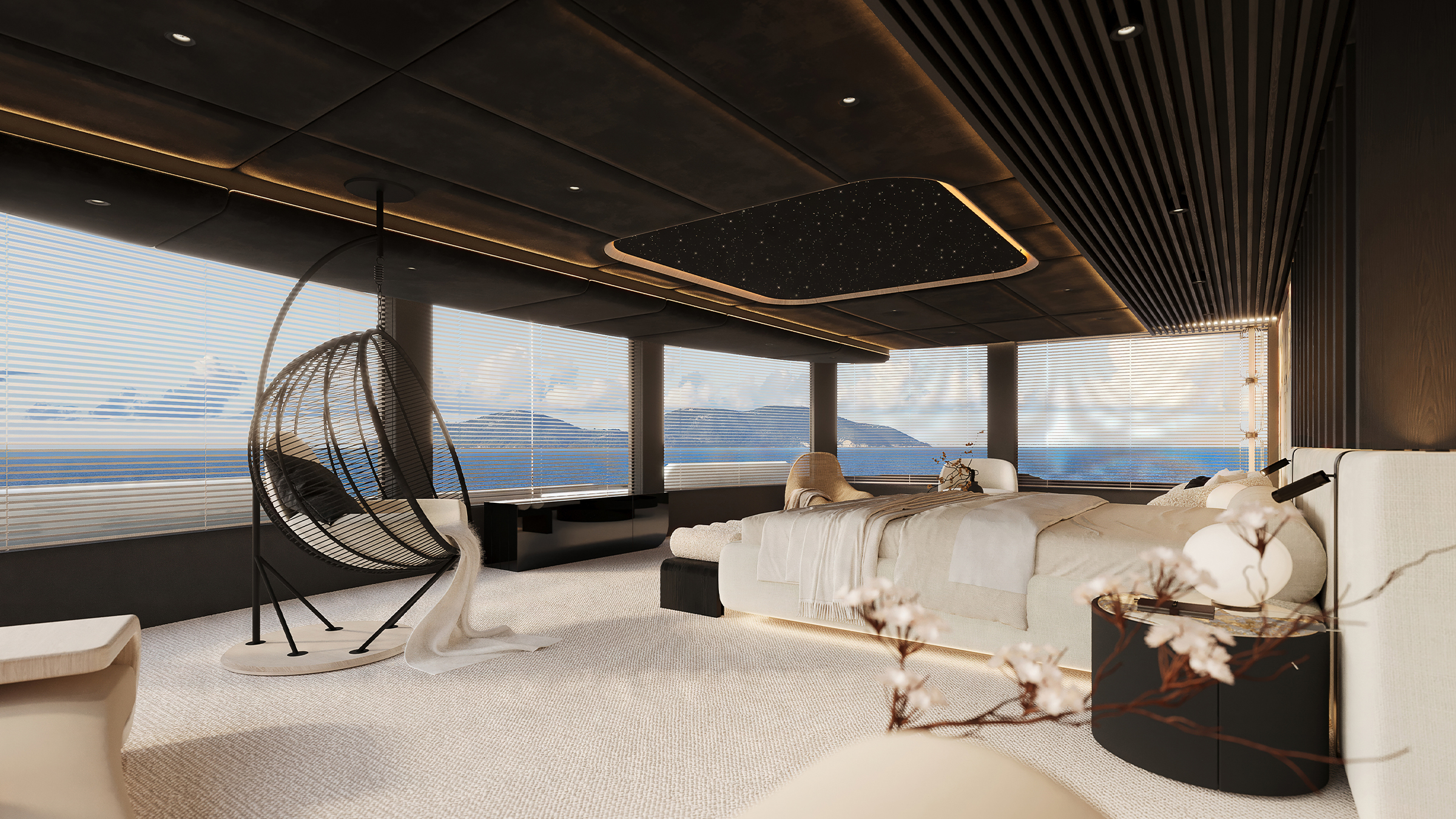 Render de la suite del armador del 65M Sunreef Explorer vista desde la cama, con silla colgante