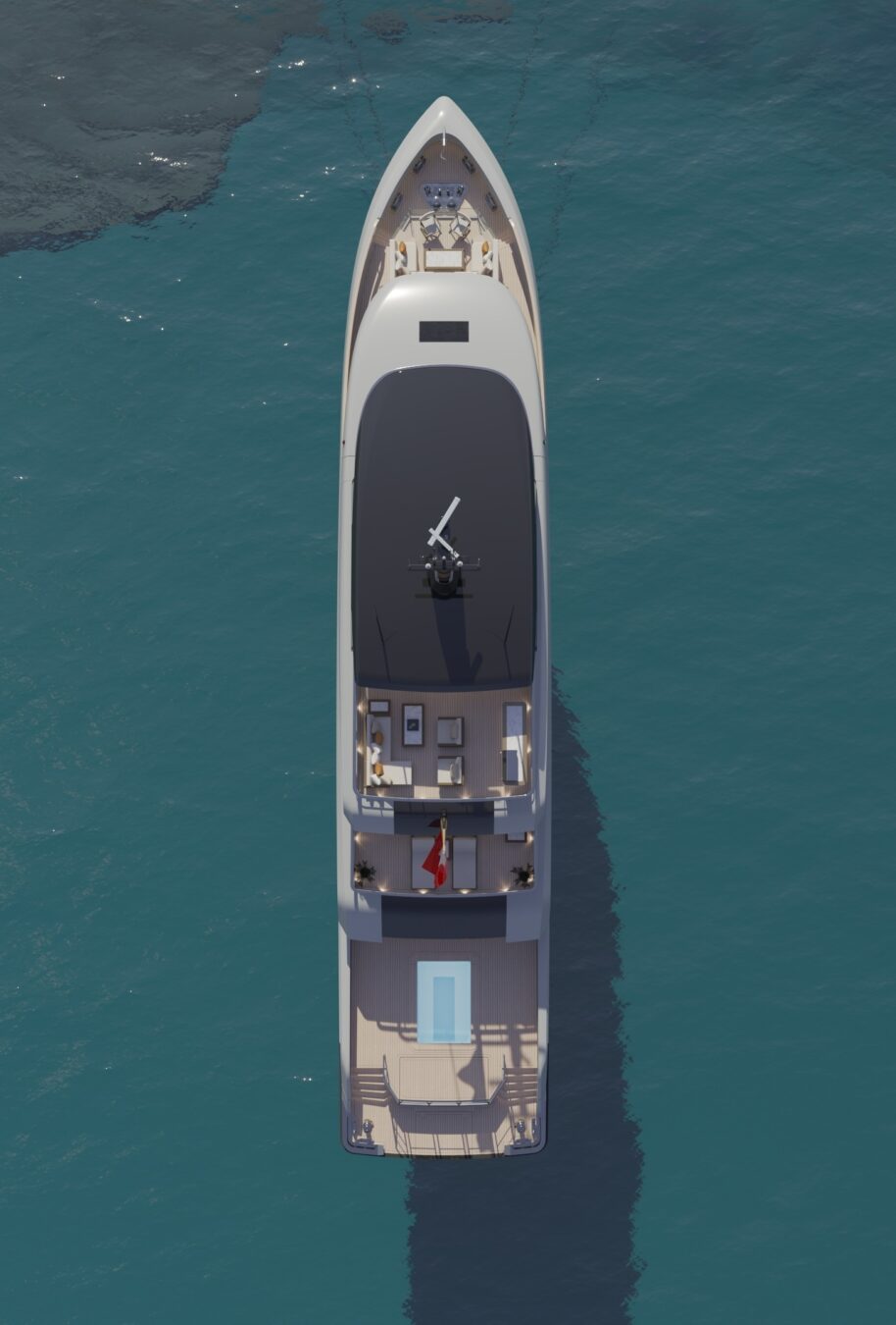 Bering 130 vertical view from above, showing deck layout