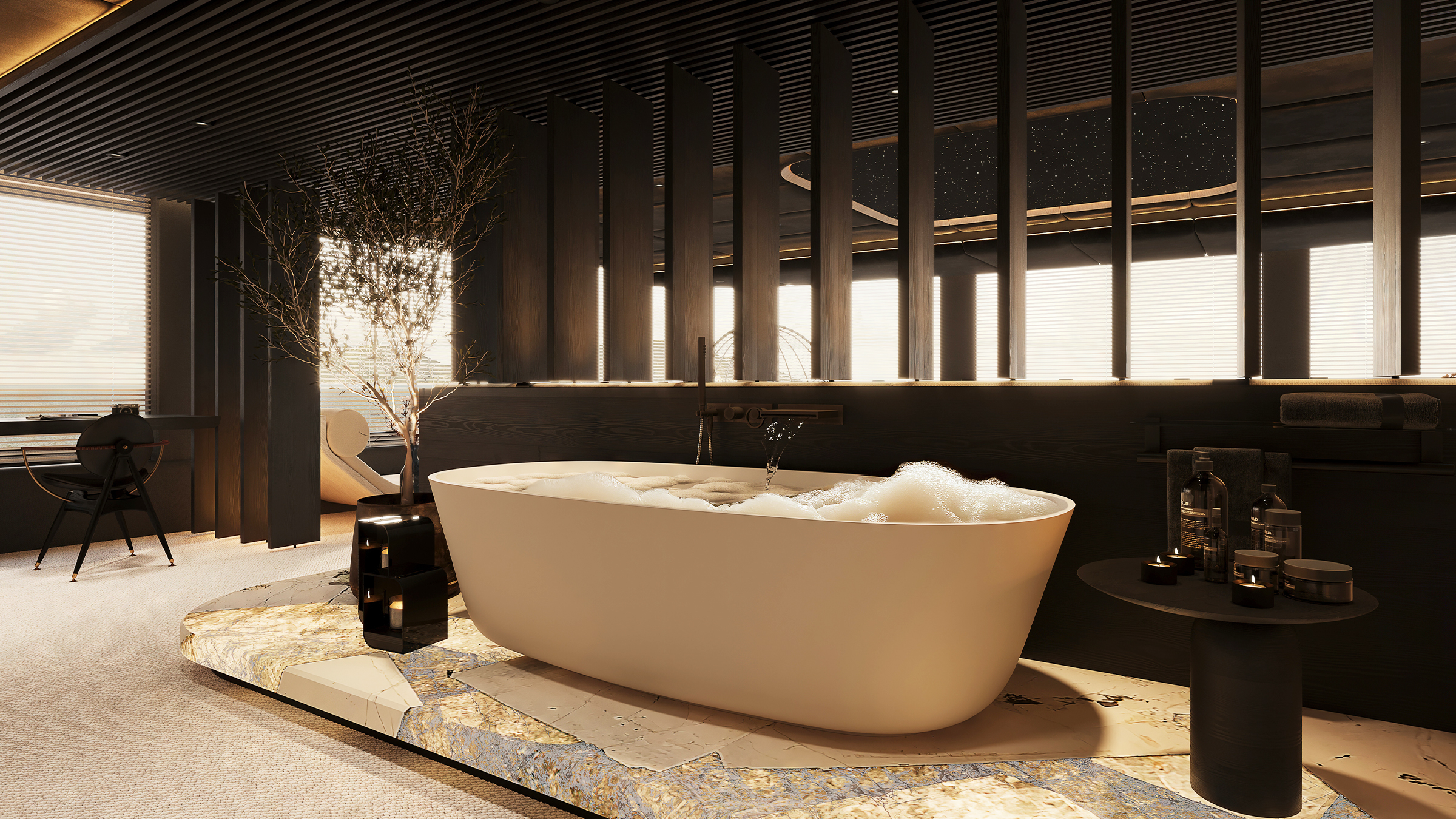 Render de la bañera del baño del armador del 65M Sunreef Explorer frente al mar