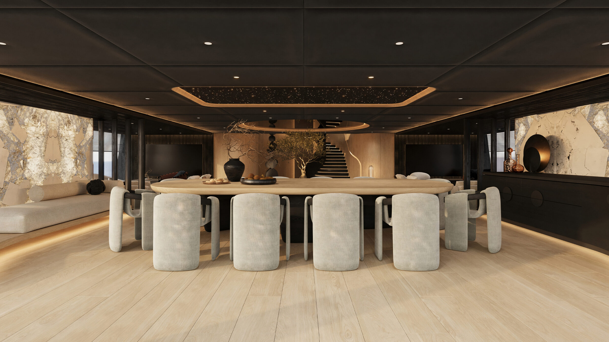 Render del comedor del 65M Sunreef Explorer