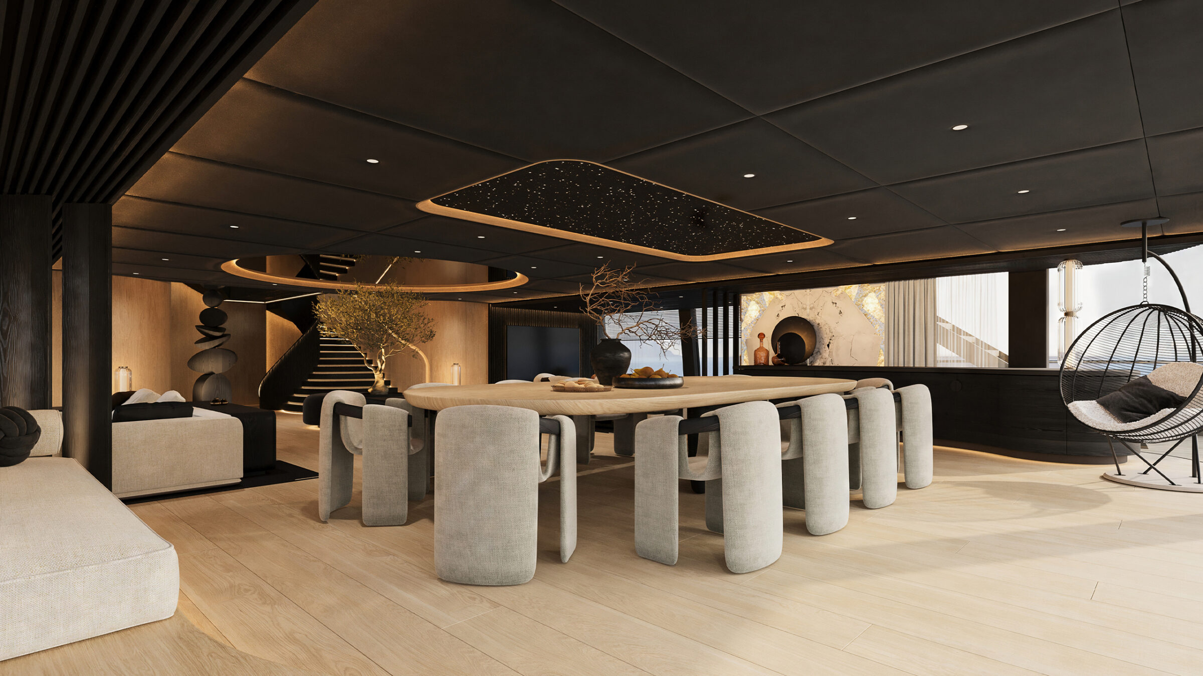 Render del comedor del 65M Sunreef Explorer con lounge y escalera a la cubierta superior