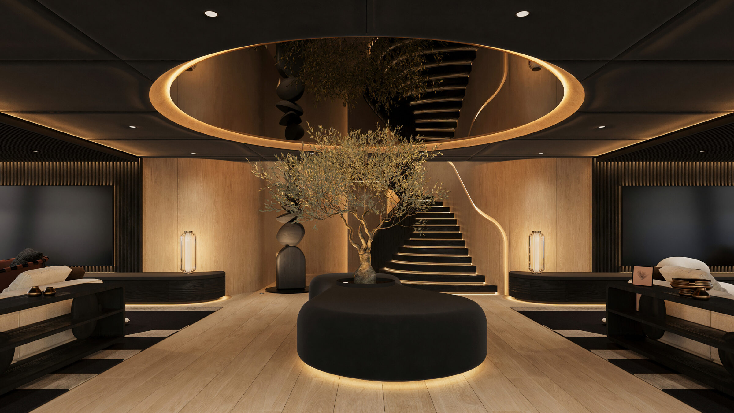 Render de un salón del 65M Sunreef Explorer con un árbol central y escalera a la cubierta superior