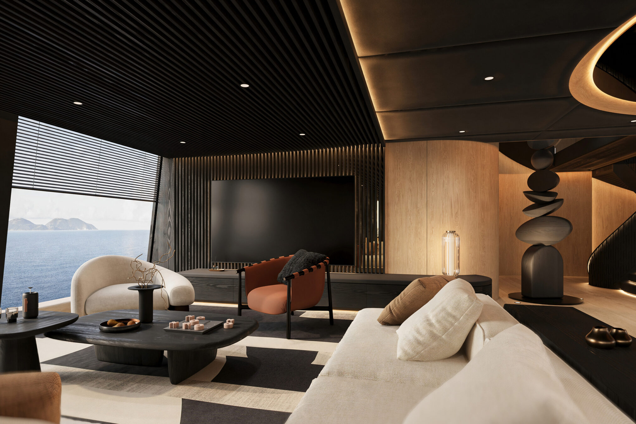 Render de un salón secundario del 65M Sunreef Explorer con pantalla de televisión
