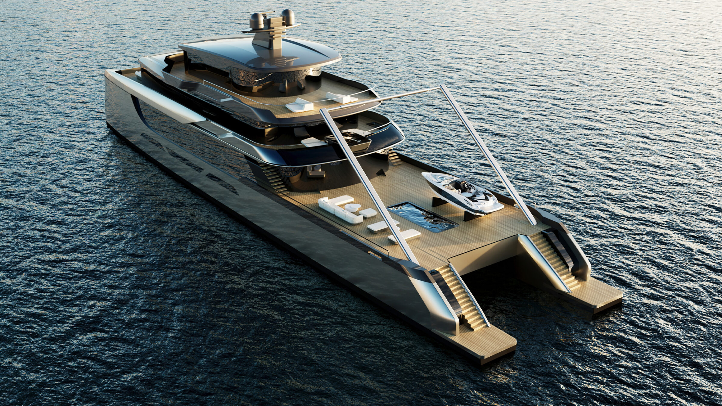 Render aéreo de la popa del 65M Sunreef Explorer con la grúa A-frame desplegada