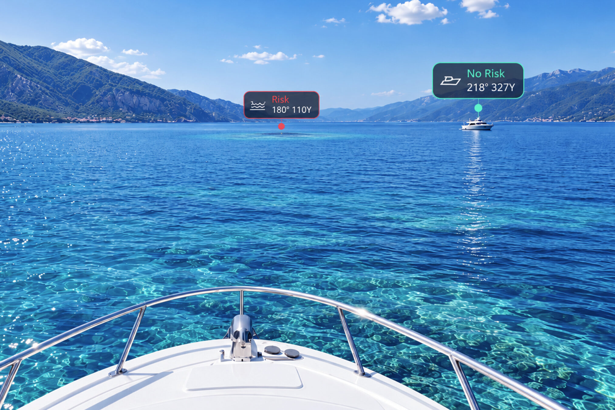 Pantalla de navegación con un barco fondeado marcado sin riesgo y una zona de poca profundidad marcada como riesgo