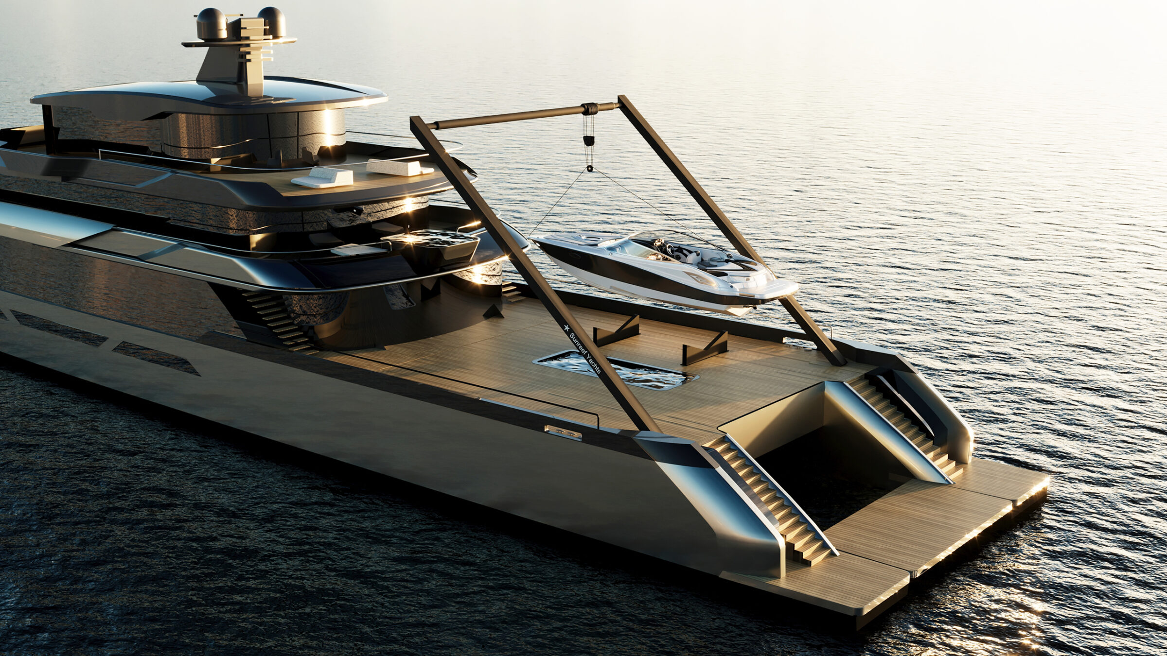 Render de la grúa A-frame del 65M Sunreef Explorer bajando un tender al agua