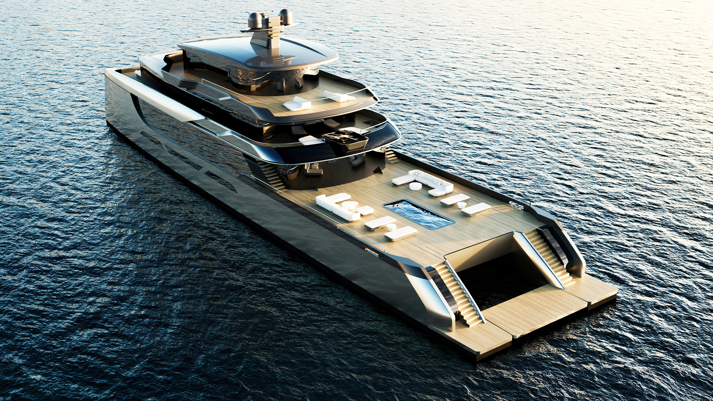 Render aéreo de la popa del 65M Sunreef Explorer con piscina, solárium y beach club