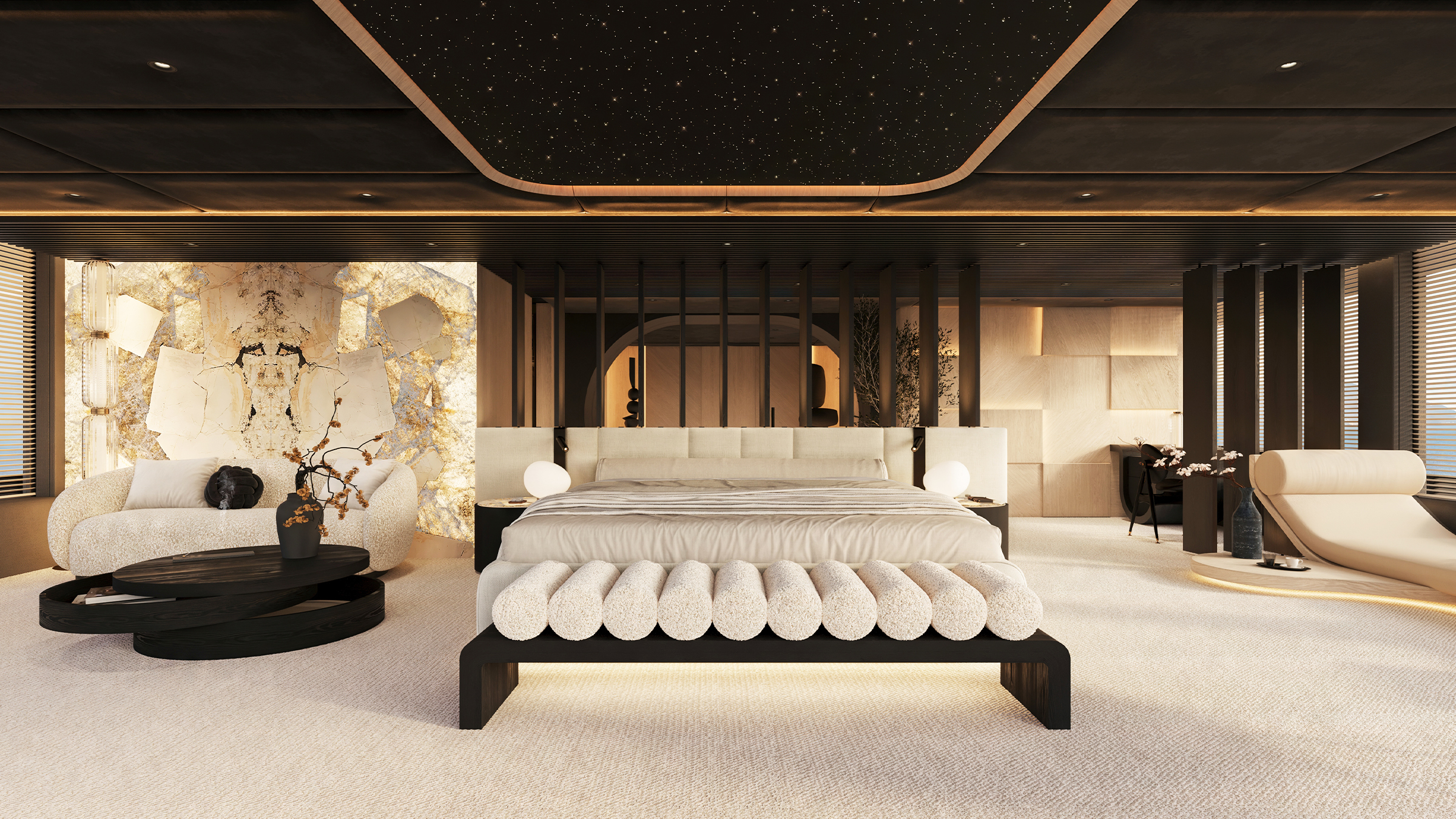Render de la suite del armador del 65M Sunreef Explorer, vista frontal de la cama