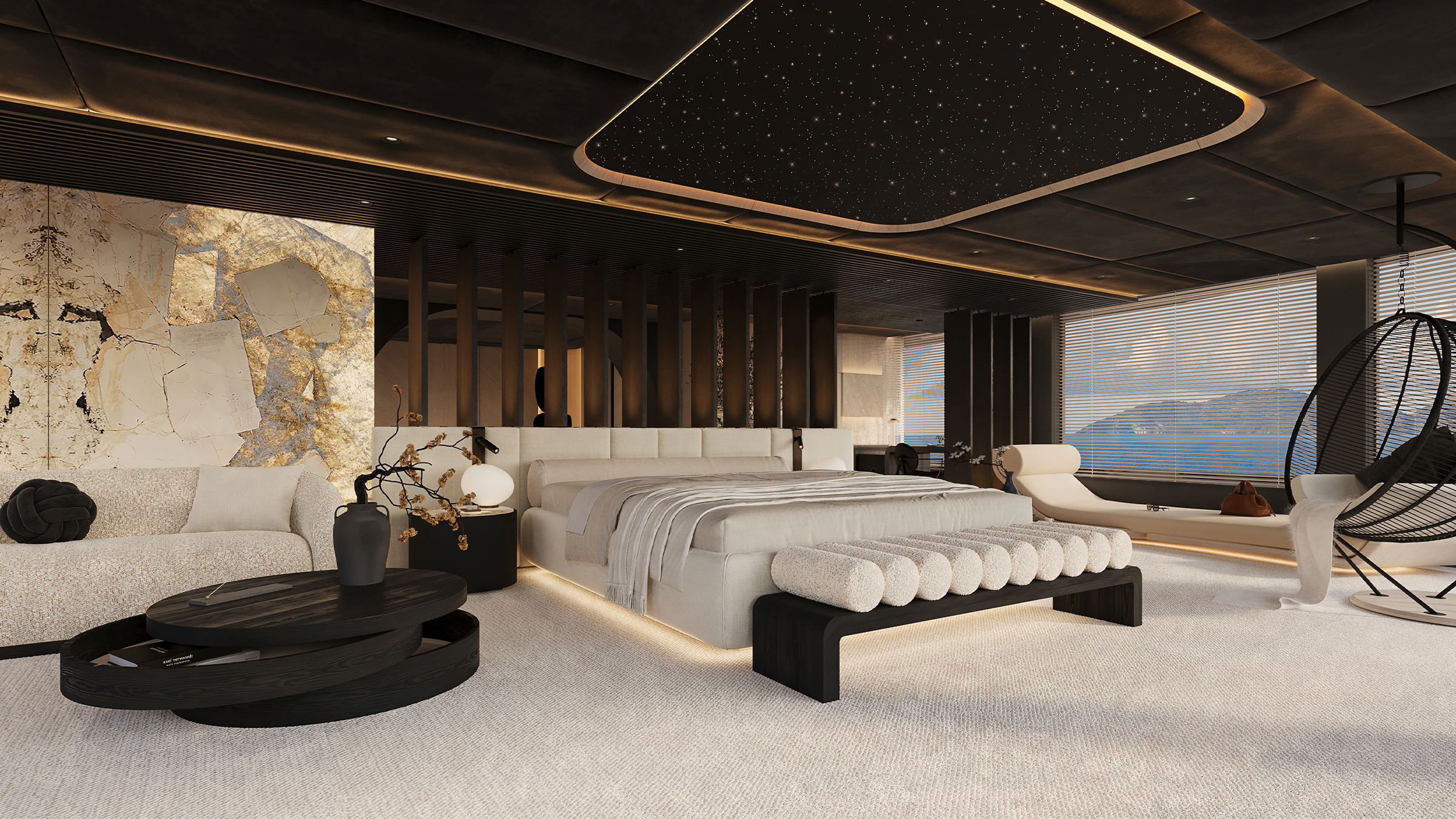 Render lateral de la suite del armador del 65M Sunreef Explorer con vista al mar