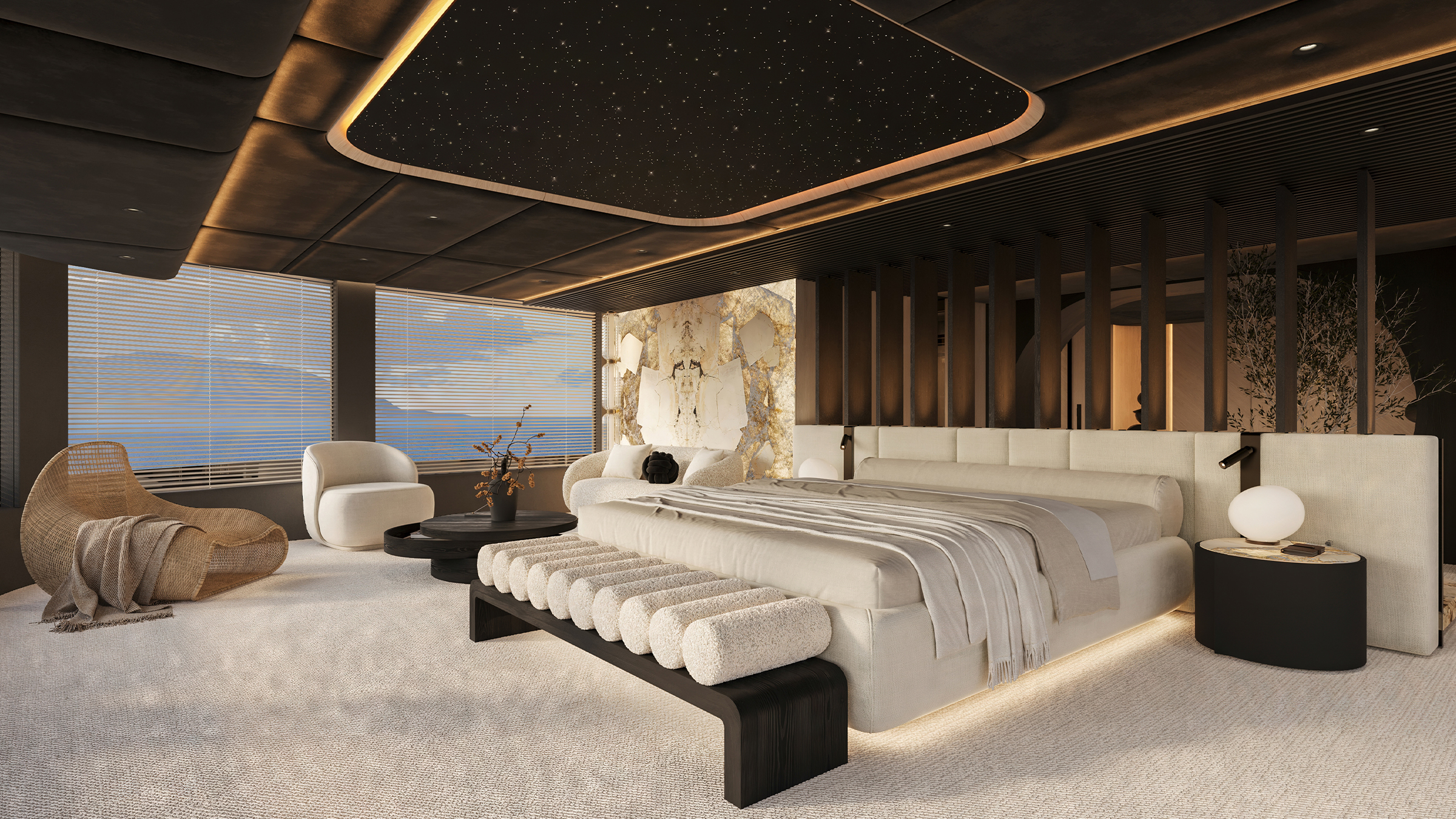 Render de la suite del armador del 65M Sunreef Explorer junto a los ventanales