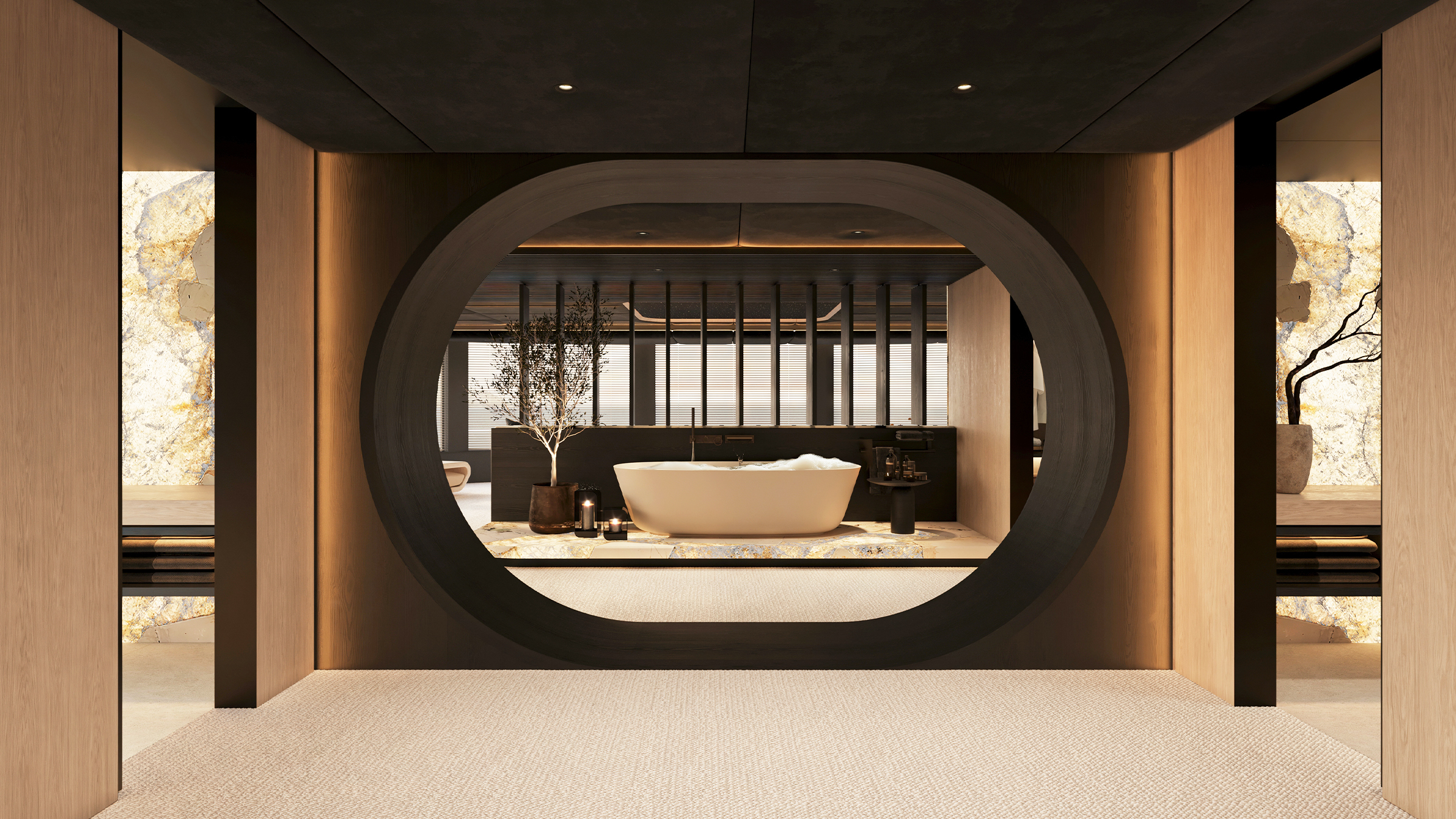 Render del baño del armador del 65M Sunreef Explorer visto a través de un portal ovalado