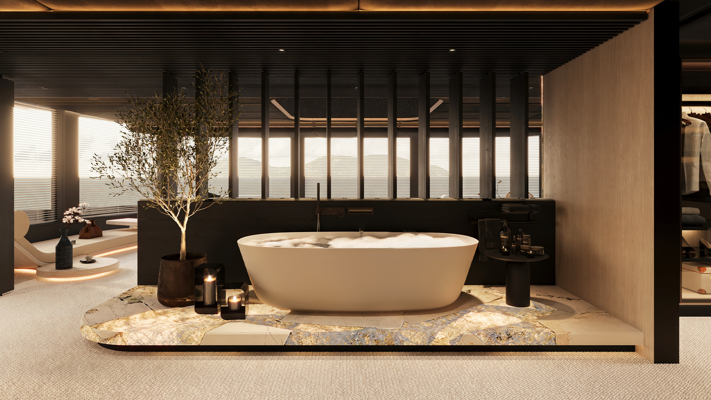 Render del baño del armador del 65M Sunreef Explorer con bañera exenta