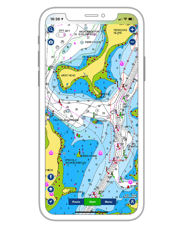 Mobile phone showing a navigation app with a detailed nautical chart of a coast, with channels, depths and buoys