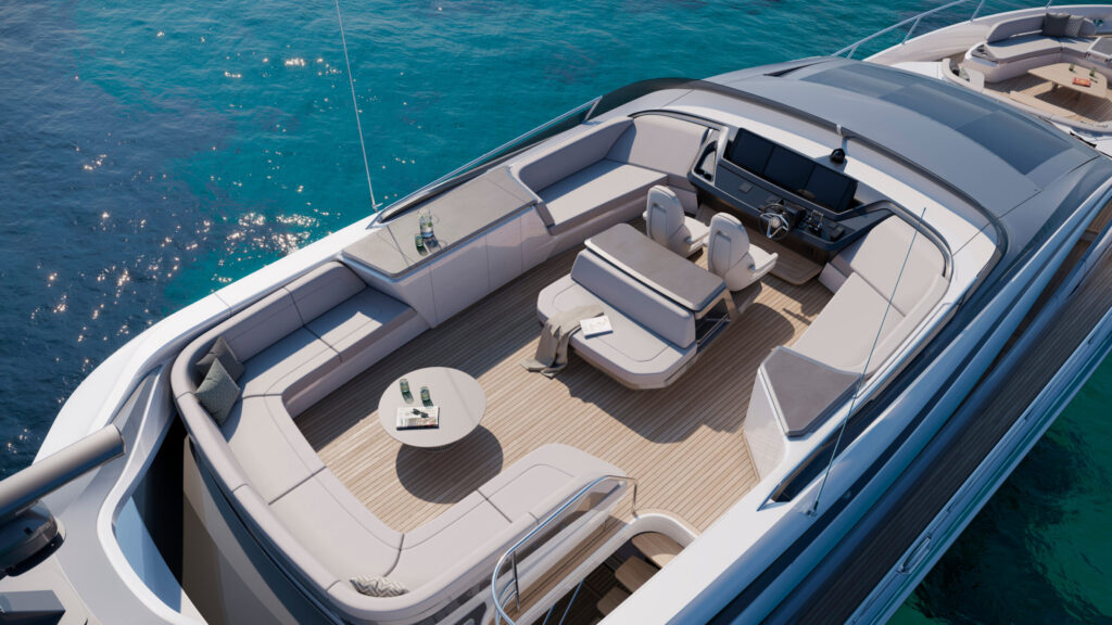 7 1920x1080 Render aéreo del flybridge de un yate con sofás, mesas y puesto de mando exterior.