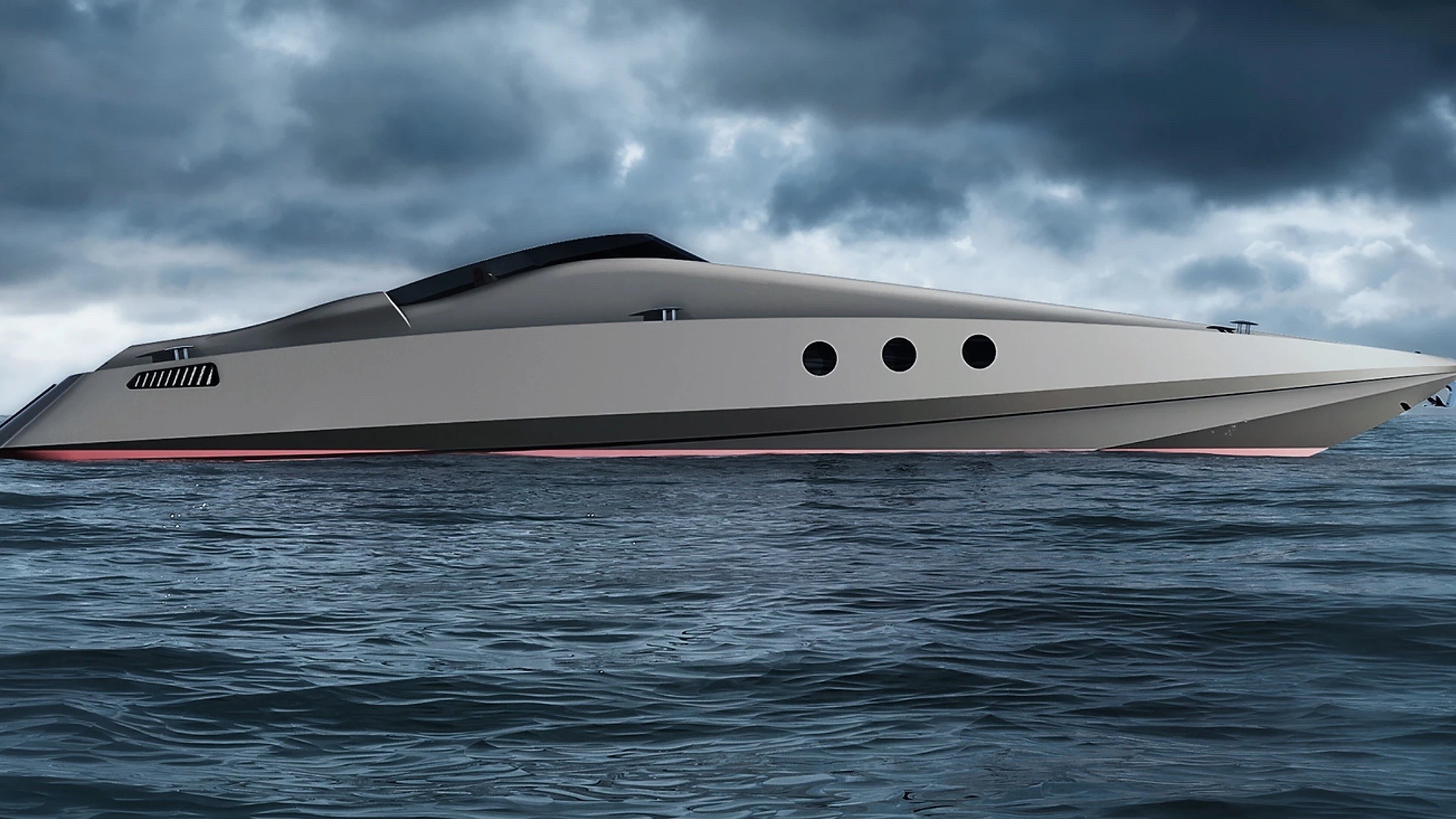 Rendering of a futuristic boat with a gray hull at sea under a cloudy sky