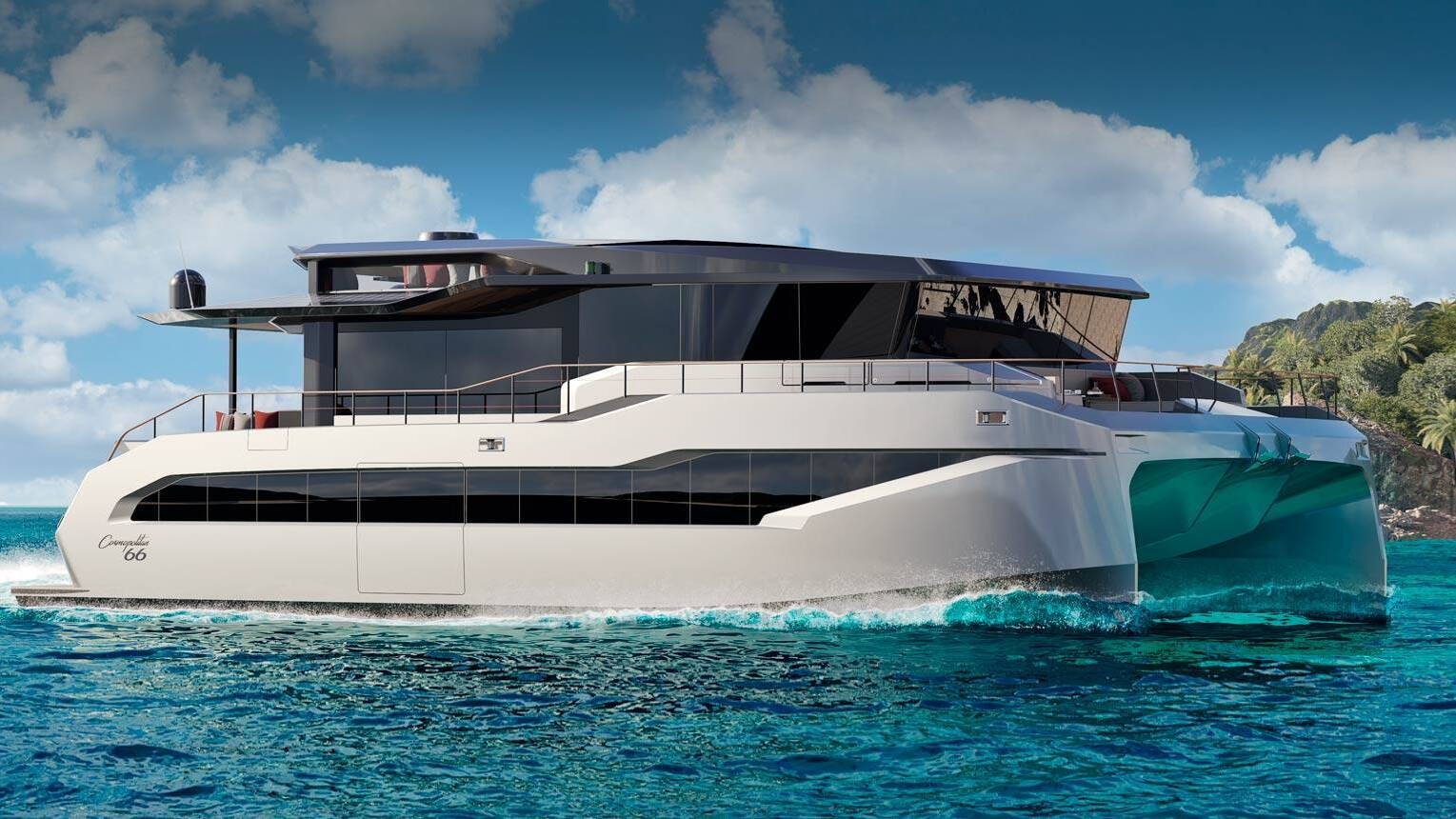 Rendering of a power catamaran under way in turquoise water along a tropical coast